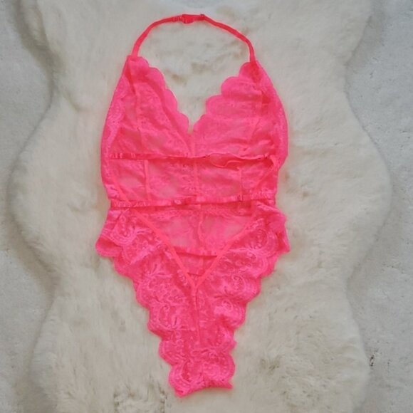 New Hot Pink Embroidered Plunge Teddy Lingerie - Picture 5 of 6